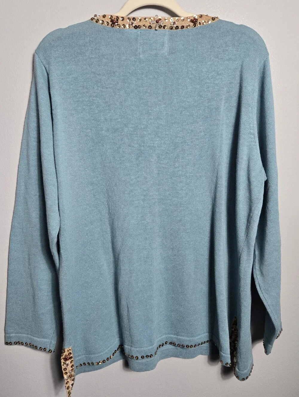 Storybook Knits Blue Gold Beaded Sequin Fringe V-Neck Pullover Sweater Top 1X